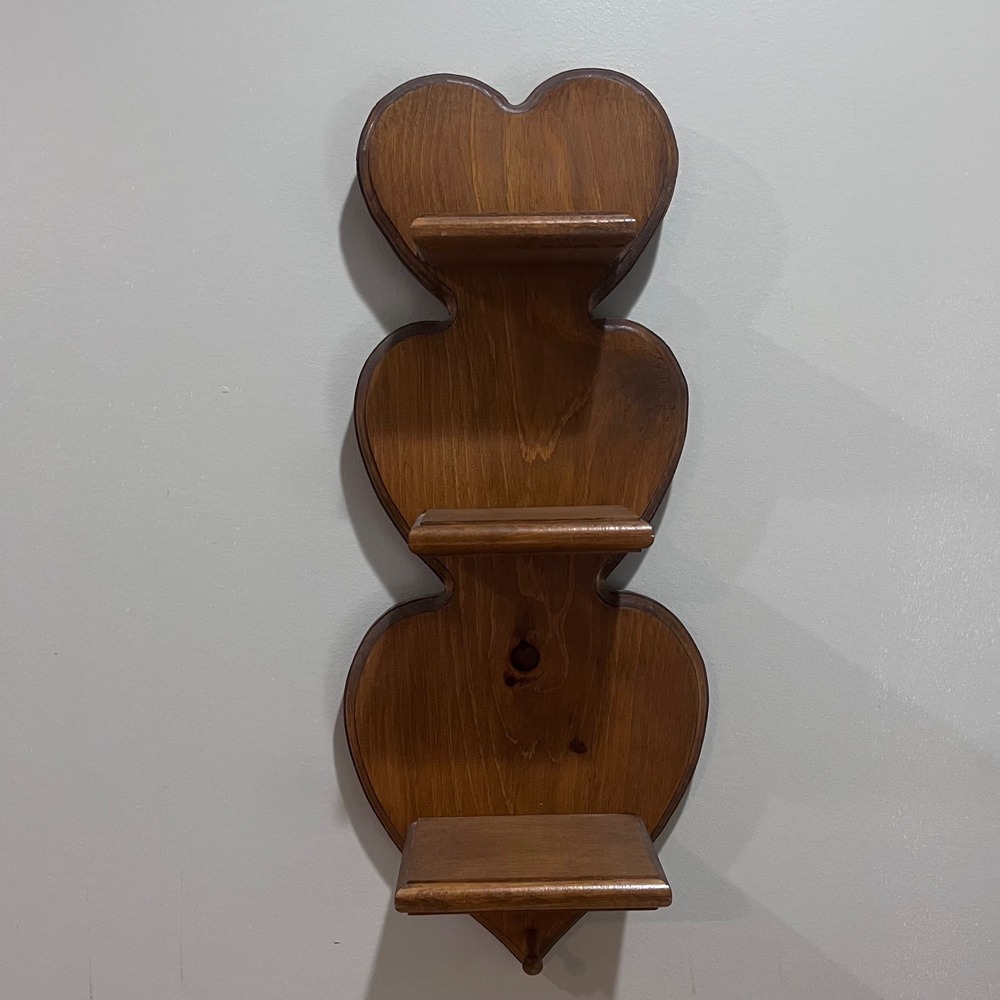Vtg Style Rustic Wood Triple Heart Wall Shelf Farmhouse 3 Tier Display 21" Brown